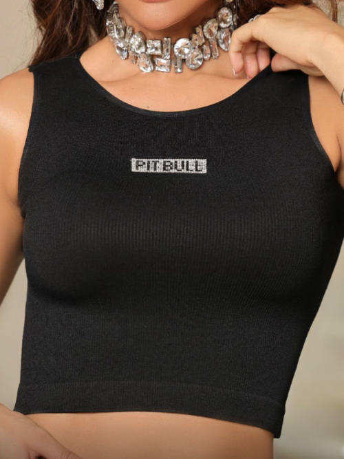 Regata Cropped Canelada Pit Bull Jeans Strass Preta