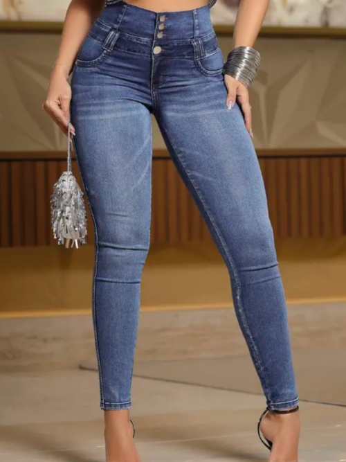 Calça Cintura Perfeita Jeans Azul Medio com Quatro Botões e Reforço Pit Bull Jeans