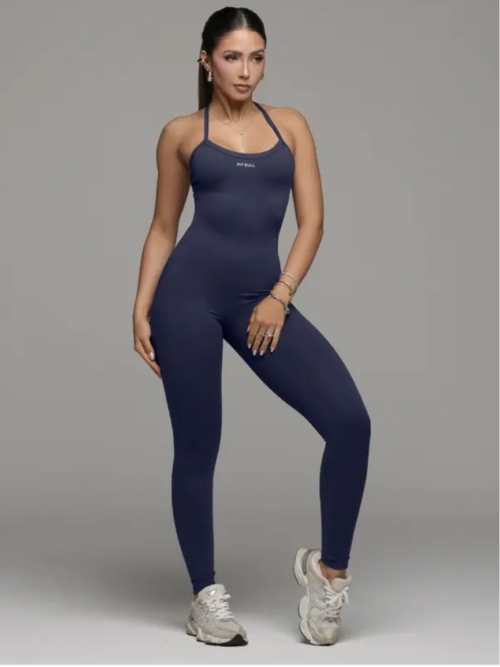 Macacão Fitness Estiloso e Modelador com Costas Cavadas Pit Bull Jeans Luxo Azul